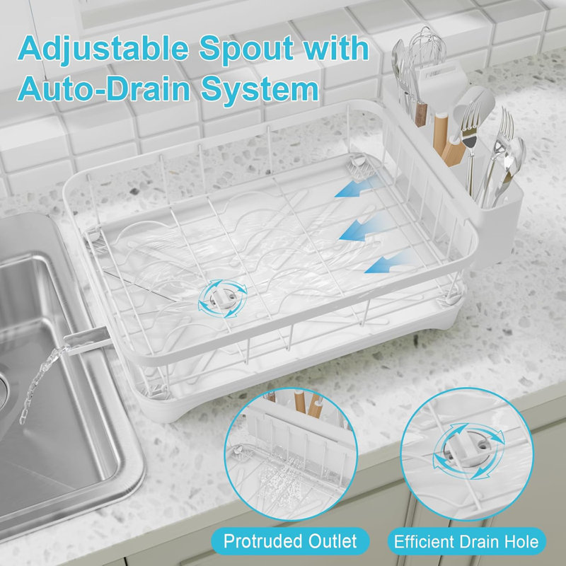 Dish Drying Rack With Drainboard - Space Saving Single Layer Drying Rack,Large Capacity Kitchen Organizer With Utensil Holder & Cutlery Tray, Countertop Dish Drainer