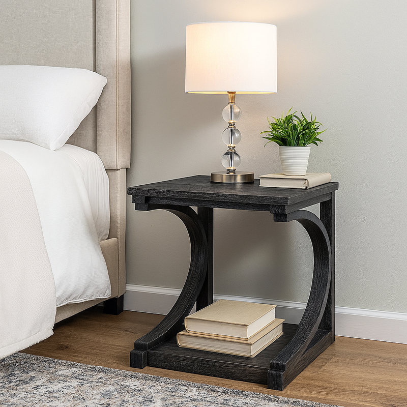 23.8'' Modern Square End Table With Curved Wood Base, Black