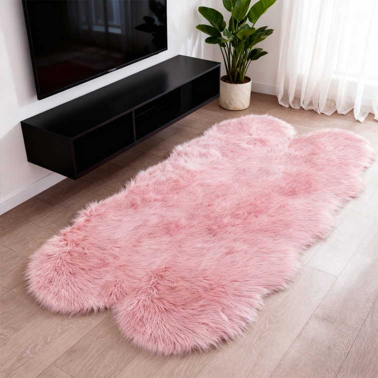 Lush Silky Pink Faux Sheepskin Living Room Rug