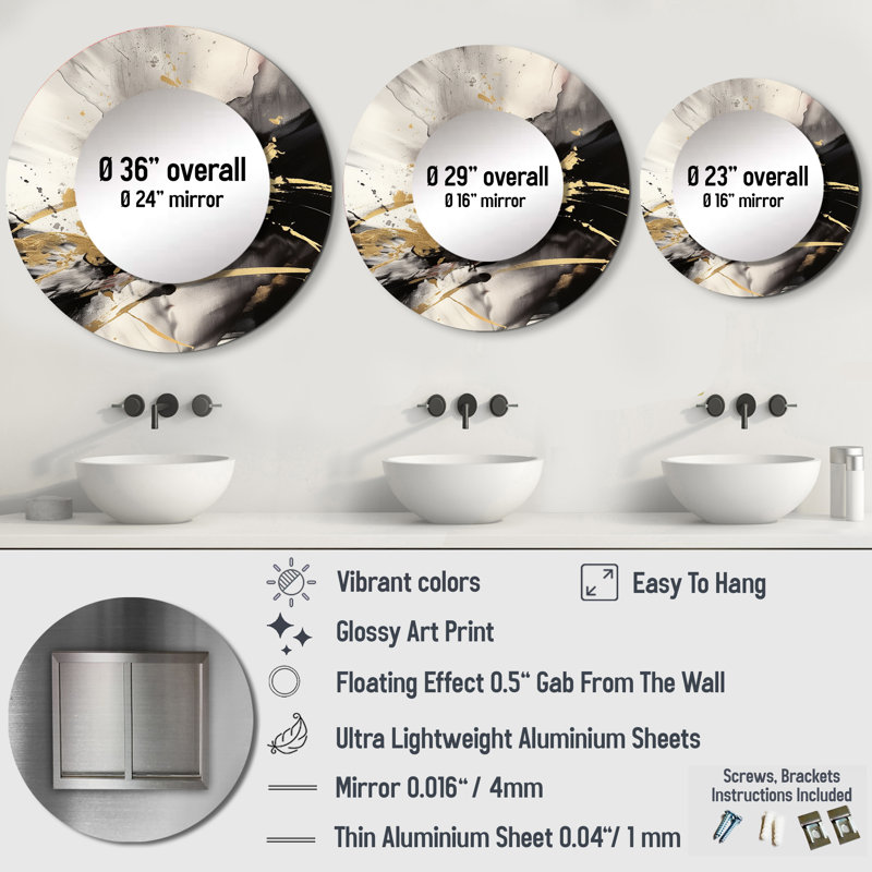 Gold and Grey Fluid Fusion II - Abstract Unique Wall Mirror Decor, Gold Large Round Mirror, Printed Metal Art, 23" x 23"