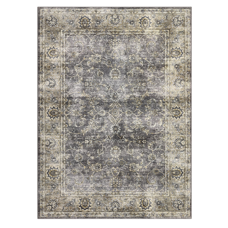 Vintage Floral Machine Washable Rug Low Pile Bedroom Rug Stain Resistant Boho Carpet Non Slip Distressed Rug Lightweight Throw Carpet