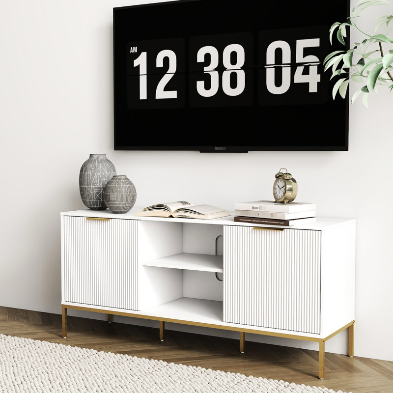 60 - 69 Inches Tv Stand With Wave Shaped Doors, Open Display Shelf For , Adjustable Interior Shelf, White And Gold Legged Cabinet Living Space Stylish Suitable Inches, Pattern Middle Essentials,