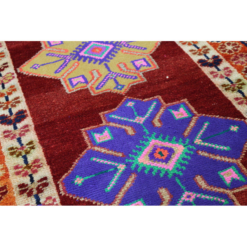 Tapis de couloir unique en laine noué à la main de style années 2000 de 2 pi 11 po x 12 pi 6 po rouge Herki