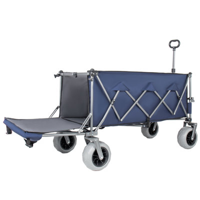 Très grand wagon de plage utilitaire très long de 67 po avec hayon ouvert et roues tout-terrain, capacité de 500 lb, cadre ultra-stable breveté, aucun assemblage requis, bleu foncé et gris