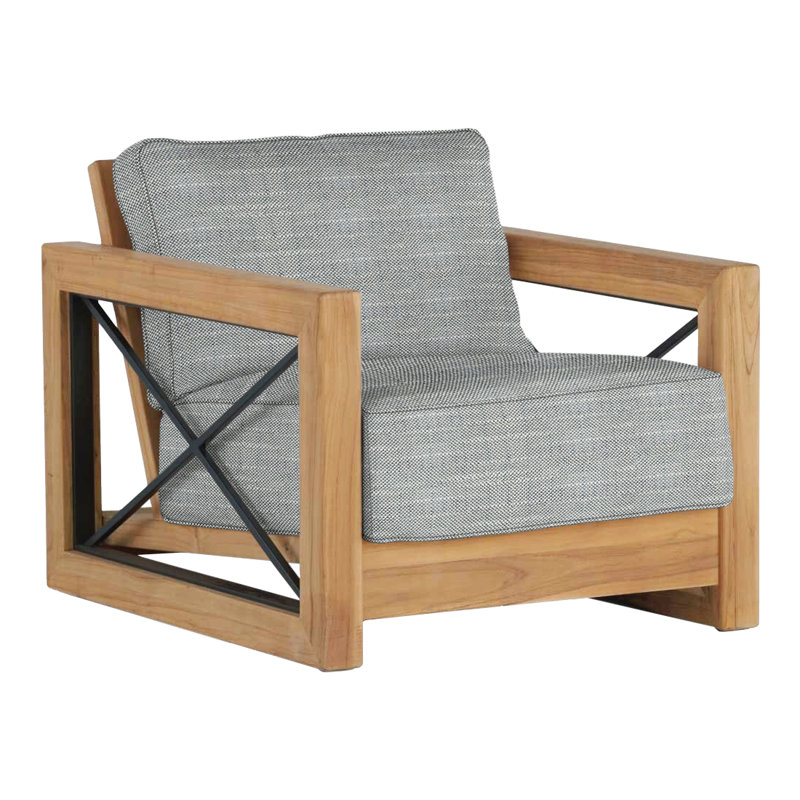 Malta Teak Patio Chair with Cushions, No welt + Dream fill, Rollo Silver InsideOut® Linen, Natural Teak