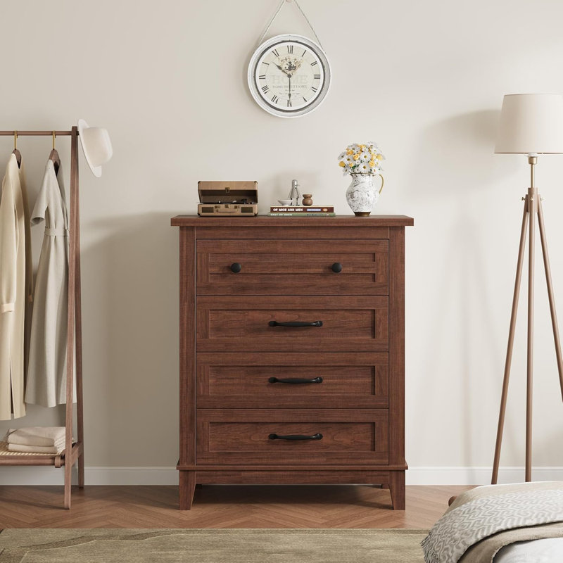 34 Inch 4-Drawer Vertical Chest, Solid Wood Storage Dresser for Bedroom, Living Room, Walnut Finish, Brown