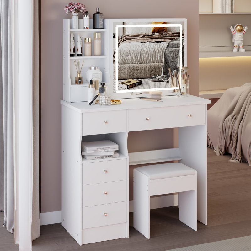 Meuble-lavabo de 37 po de taille moyenne avec tiroir de gauche et tabouret rembourré, grande commande tactile, interrupteur tricolore, miroir à luminosité réglable, rangement à grande capacité, convient aux grands espaces