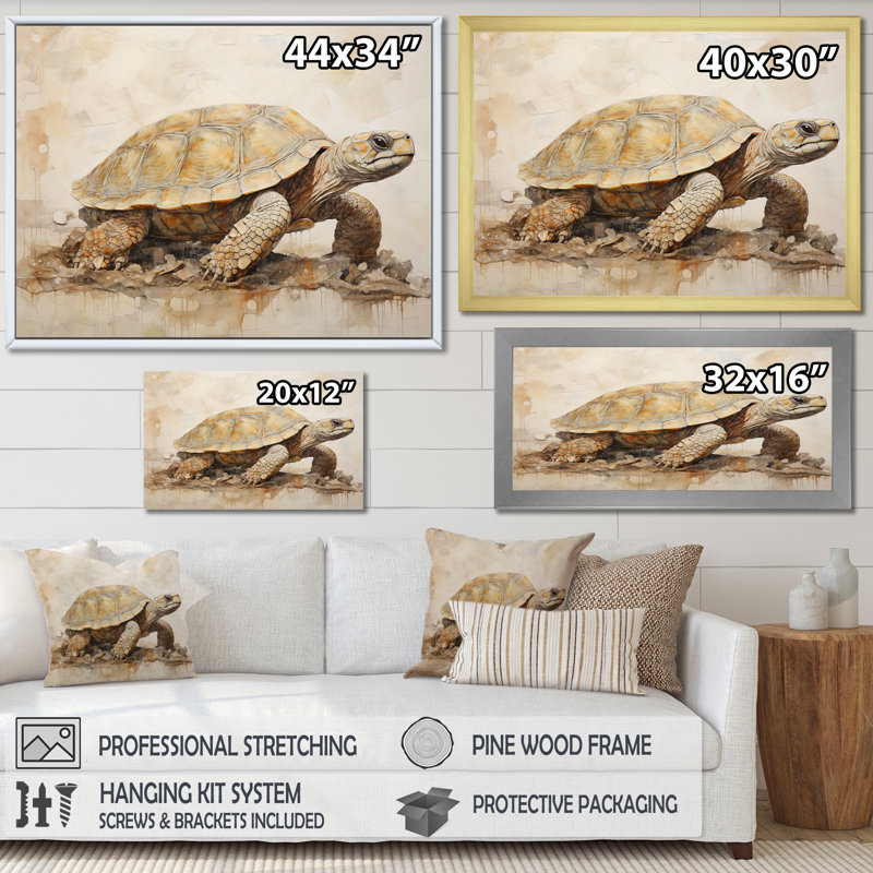 Minimalisme tortue aventure sur toile, Cadre flottant doré, 12" H x 20" W