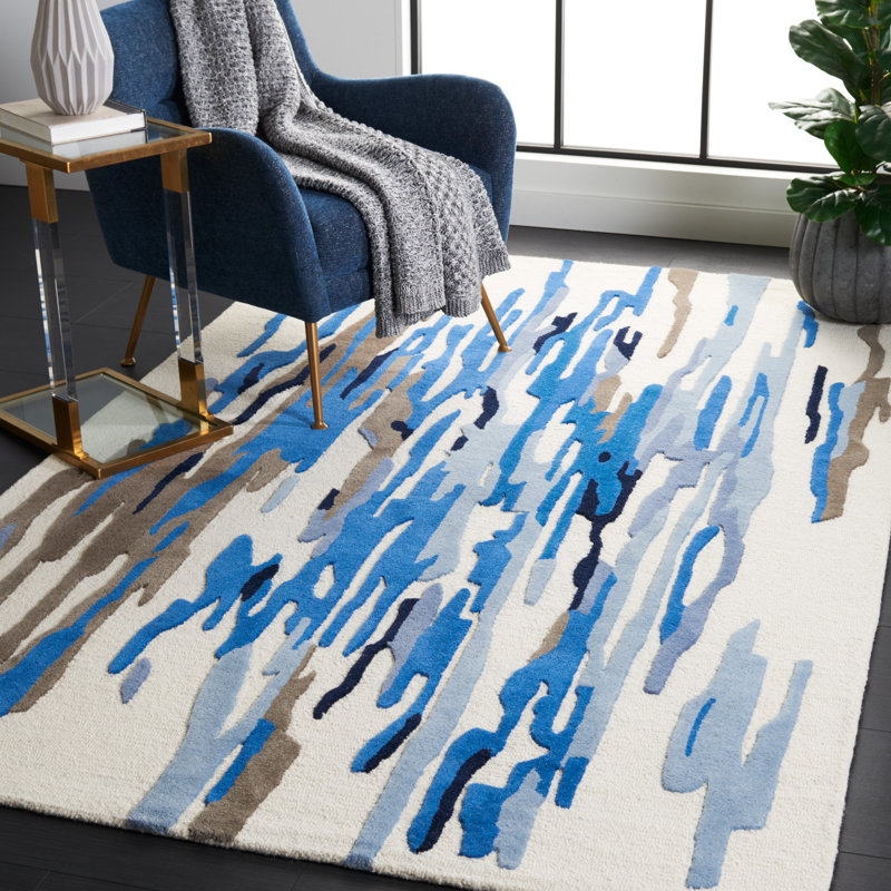 Tapis bleu / ivoire en laine / coton touffeté à la main Rodeo Drive, Rectangulaire 8 pi x 10 pi