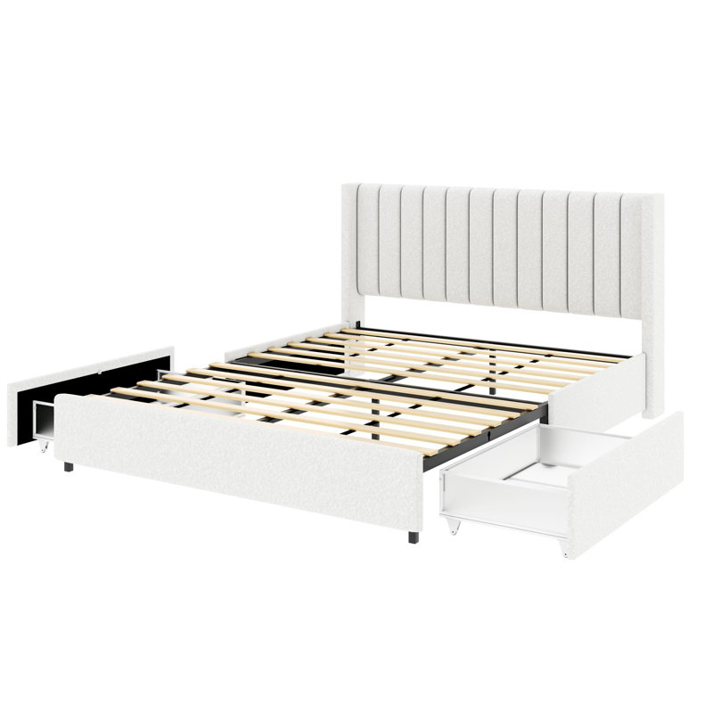 Connard Queen With Headboard And 2 Drawers Storage Bed Frame, With Boucle Upholstered Metal Bed Frame
