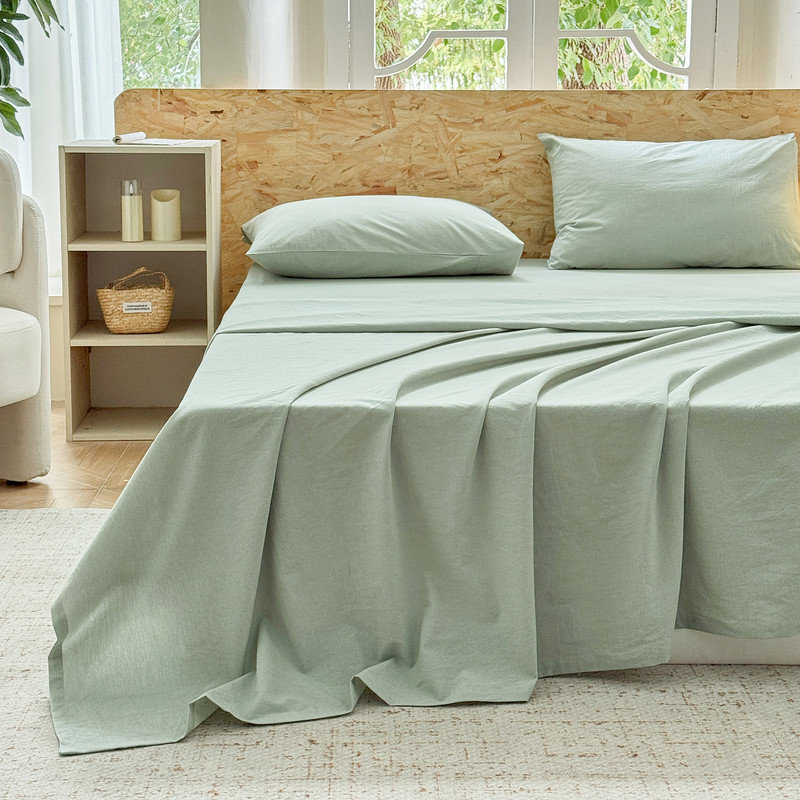 100% Washed Cotton Bedding Sheet Set 4 Pieces,1 Fitted Sheet,1 Flat Sheet and 2 Pillowcases,Comfy Textured Sheet Set
