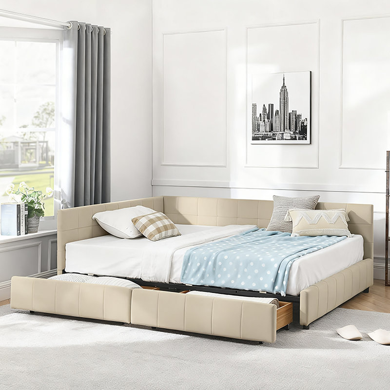 Lit double avec rangement pleine grandeur, cadre de canapé-lit capitonné avec dossier et accoudoirs, velours, beige, Beige