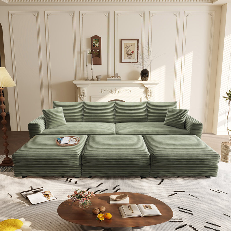 7 Seater Oversized Modular Sofa Extra Deep Cloud Corduroy Sectional Couch With Ottoman Chaise, Green