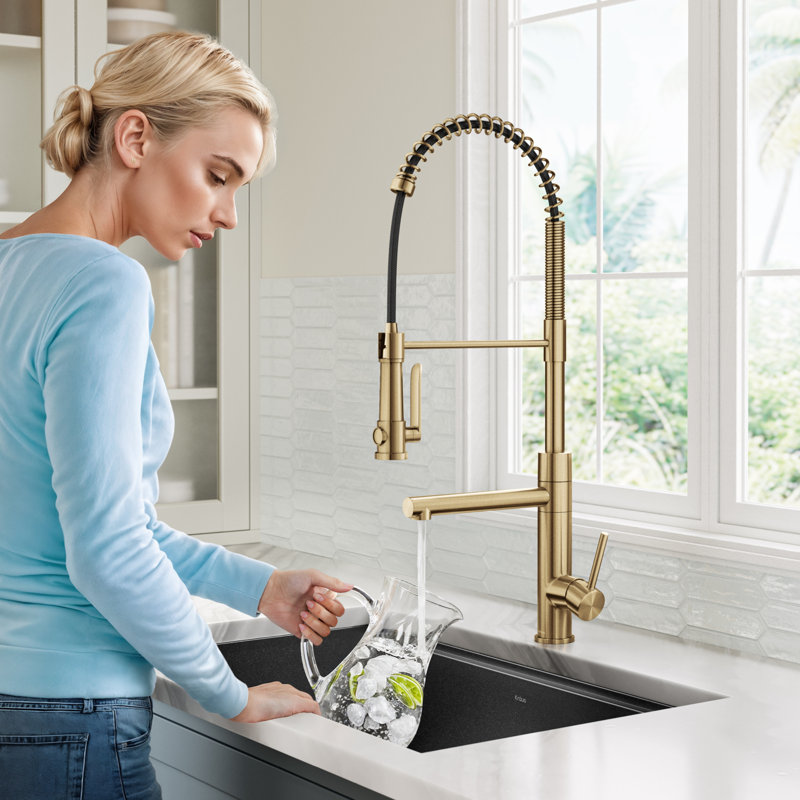 KRAUS Artec Pro Commercial Style 2-Function Single Handle Pull Down Kitchen Faucet with Pot Filler, Brushed Brass