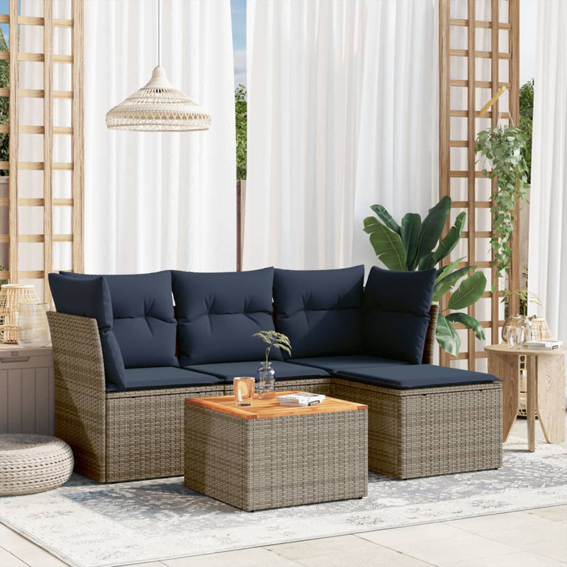 Ensemble de canapé de patio 5 pièces avec coussins pour l'extérieur, Marine, Gris
