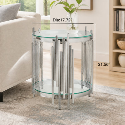 Table de bout ronde de luxe, plateau en verre trempé transparent à 2 niveaux avec structure en acier inoxydable argenté, table d'appoint moderne pour le salon, la chambre à coucher, le bureau ou le café