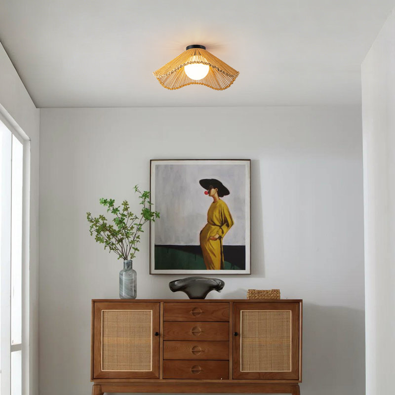 Luminora Handwoven Rattan Boho Glass Flush Mount Ceiling Light