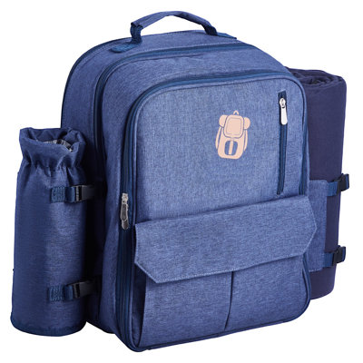 Sac à dos de pique-nique pour 4 personnes, idéal pour la plage. Il comprend un compartiment isotherme, un porte-bouteille/porte-verre amovible, une couverture légère, ainsi qu'un ensemble assiettes et couverts. Couleur : bleu marine.