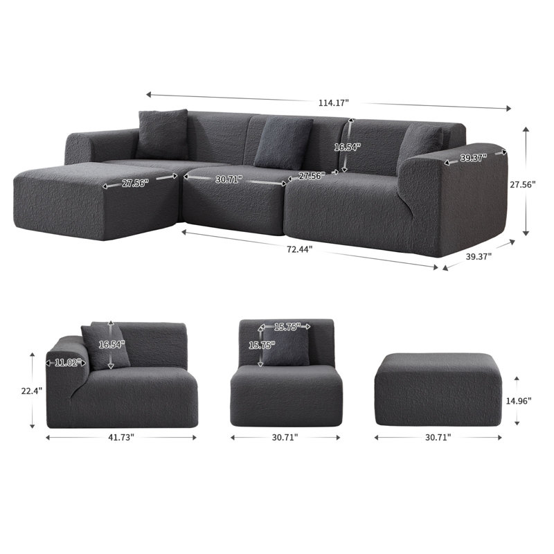 Canapé modulaire en tissu tricoté de 114,17 po de largeur avec fabrication entièrement en mousse et compression