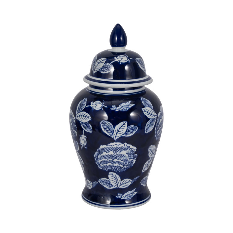 Chinoiserie Traditional Stoneware and Ceramic Lidded Jar with Decorative Motif and Classic Silhouette in Timeless Design for Display or Accent Placement in Living Spaces or Shelf Arrangements