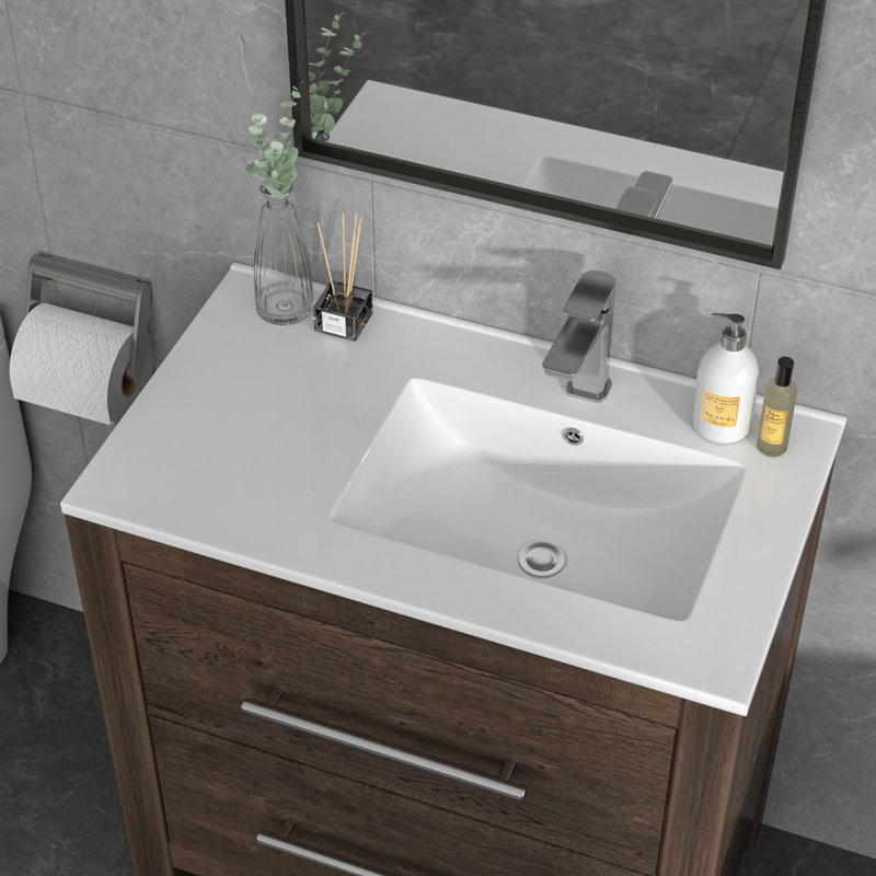 30"L x 18"W White Rectangular Single Vanity Top with Faucet Hole and Overflow(Top Only), 32" L x 20" W