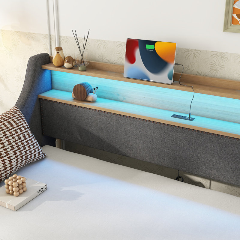Twin Size Daybed With Trundle Bed, Upholstered Daybed With Charging Station And LED Lights, Gray, Gray