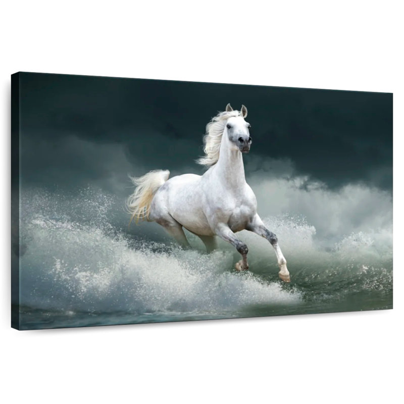 Brampt cheval qui court sauvage sur l'eau, H 34 po x l 51 po