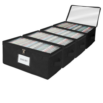 4 Pack Durable Fabric DVD Storage Box With Clear PVC Lid, Holds 25 Standard DVD Cases, Sturdy Non-Woven Fabric With Cardboard Support For Movie Collection, Black