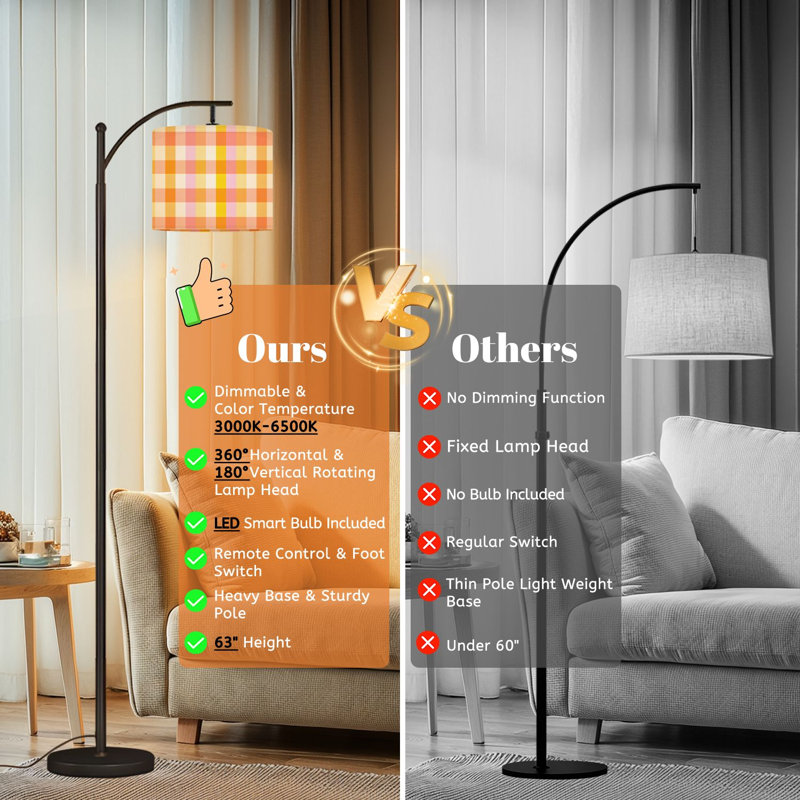 Arc Floor Lamp with Adjustable Lampshade Warm Orange Pink Checkered Pastel Accents Geometric Plaid Design Standing Lamp 3 Color Temperatures Dimmable Tall Pole Lamp with Foot Switch for Bedroom