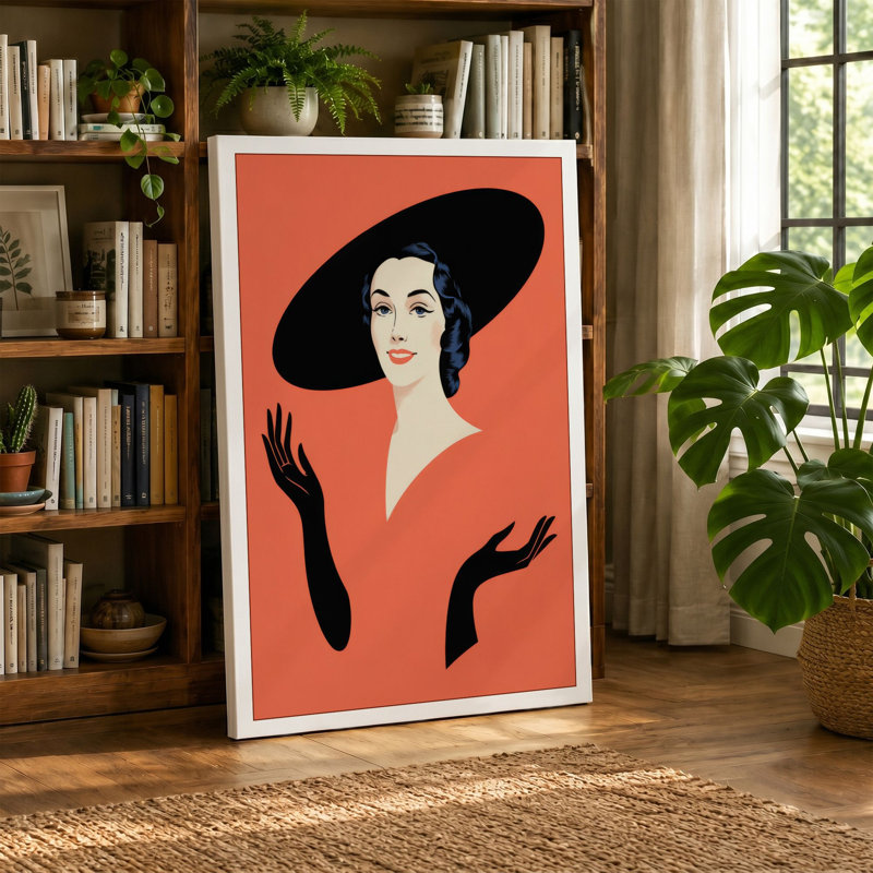 Woman in Black Hat Retro - Wrapped Canvas, 18x12 - 45.7 x 30.5 cm, Teal Border