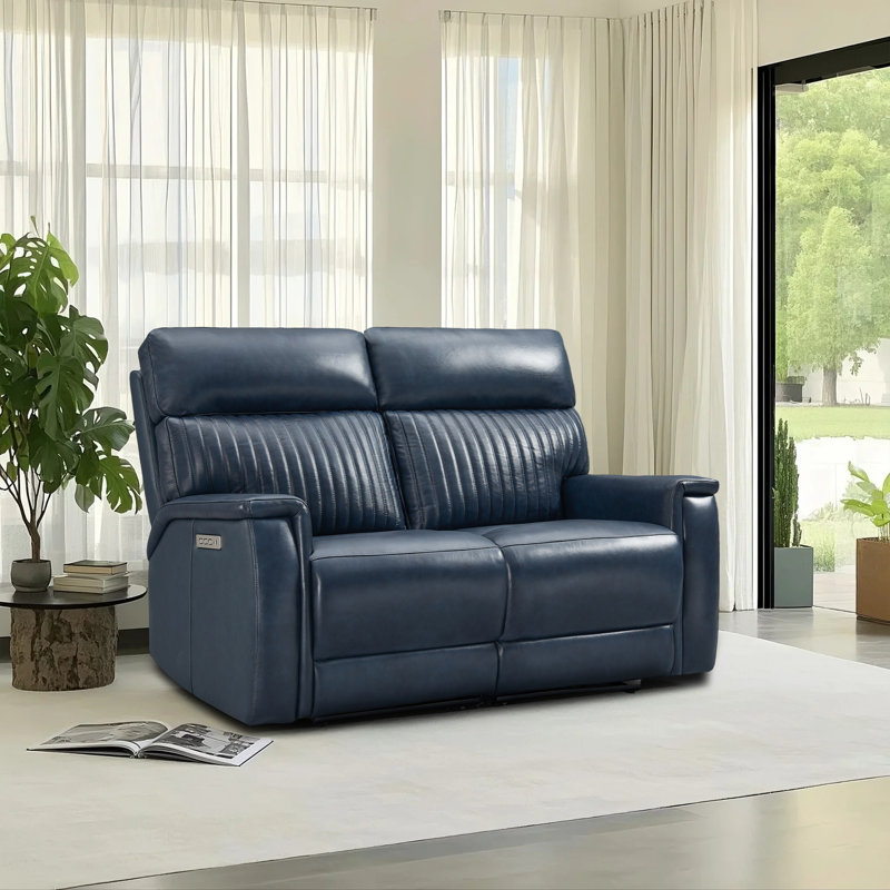 Canapé double inclinable électrique triple Liudgardas en cuir véritable avec port USB, appui-tête et soutien lombaire réglables, position zéro gravité