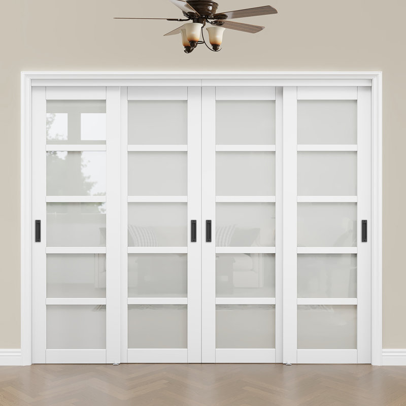  4 portes coulissantes l 96 po x H 80 po à 5 panneaux avec porte coulissante en verre givré avec quincaillerie d'installation