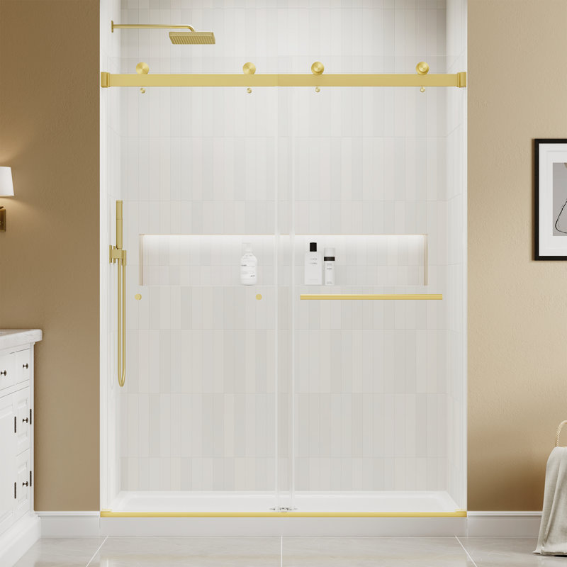 55" - 60" W x 76" H Double Sliding Frameless Shower Door with Clear Tempered Glass, Brushed Gold