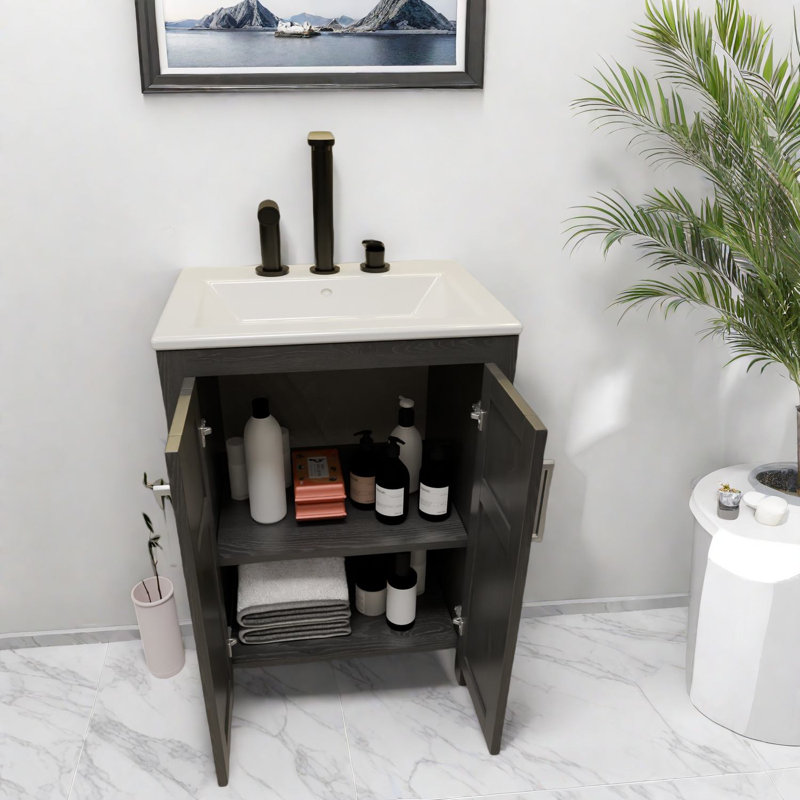 Modern Black Vanity Cabinet With Ceramic Sink, Compact Storage Solution