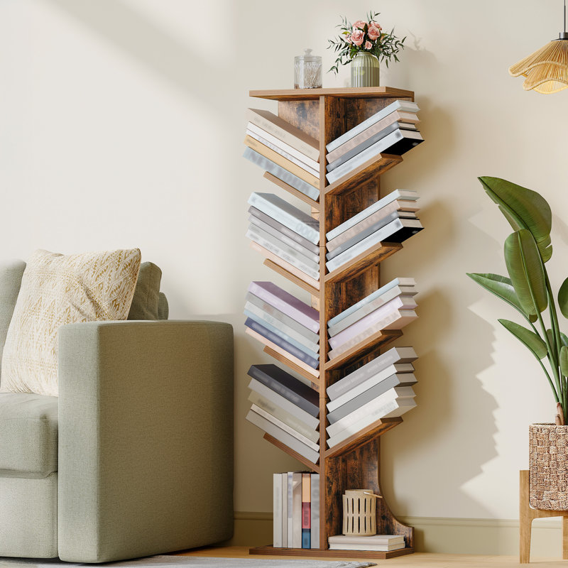 Tree Bookshelf, 11 Tier Narrow Bookcase, Display Shelf, Book Organizer, Small Floor Standing Book Shelf for Bedroom, Living Room, Home Office, Rustic Brown