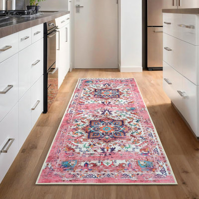 Collection traditionnelle GLN Rugs - tapis lavable à la machine, tapis traditionnel lavable, tapis lavable antidérapant, tapis de salon en chenille à poils courts, tapis de chambre à coucher, tapis de cuisine (tapis rose)