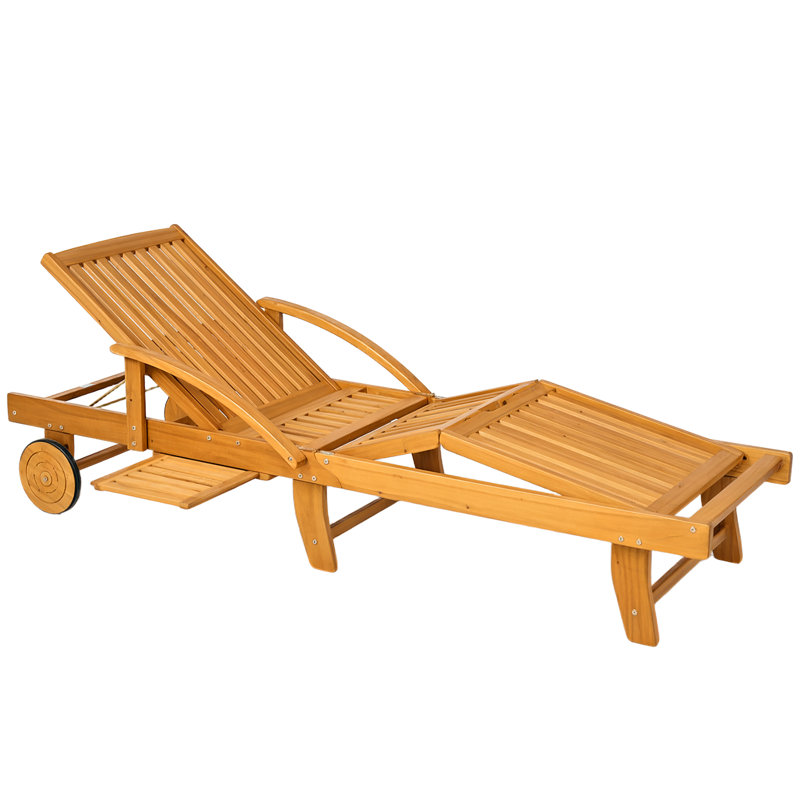 Folding Lounge Chair, 4-Level Adjustable Tanning Chair with Wheels, Full Flat Patio Lounger with Extendable Table, Acacia Wood Outdoor Chaise for Patio Beach, Teak