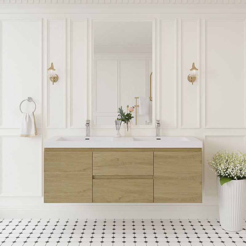 Meuble-lavabo flottant avec lavabo, meuble de rangement mural avec tiroirs à fermeture en douceur, Chêne