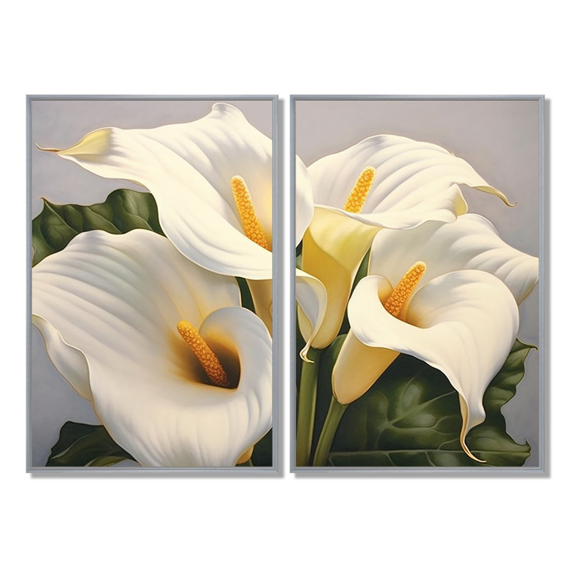Sérénade lys blanc blanc - art mural blanc 2 panneaux, 36" H x 48" W, Impression encadrée flottante, Silver