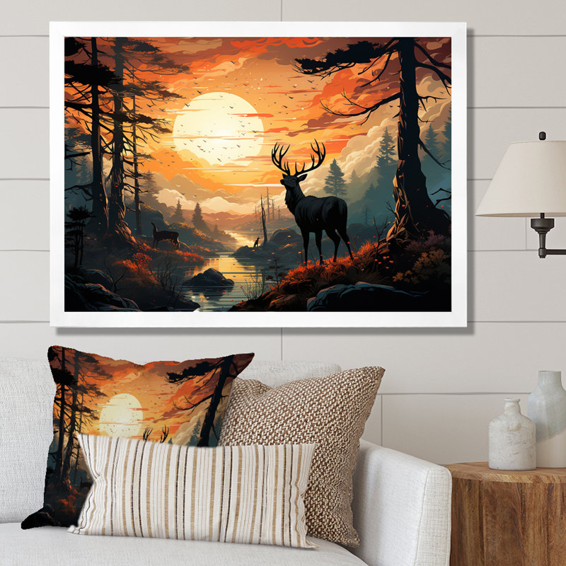 «Deer Sunset Landscape In Canada I - Deer Animal», art mural, Cadre de coin blanc fermé, H 30 po x l 40 po x P 1,5 po