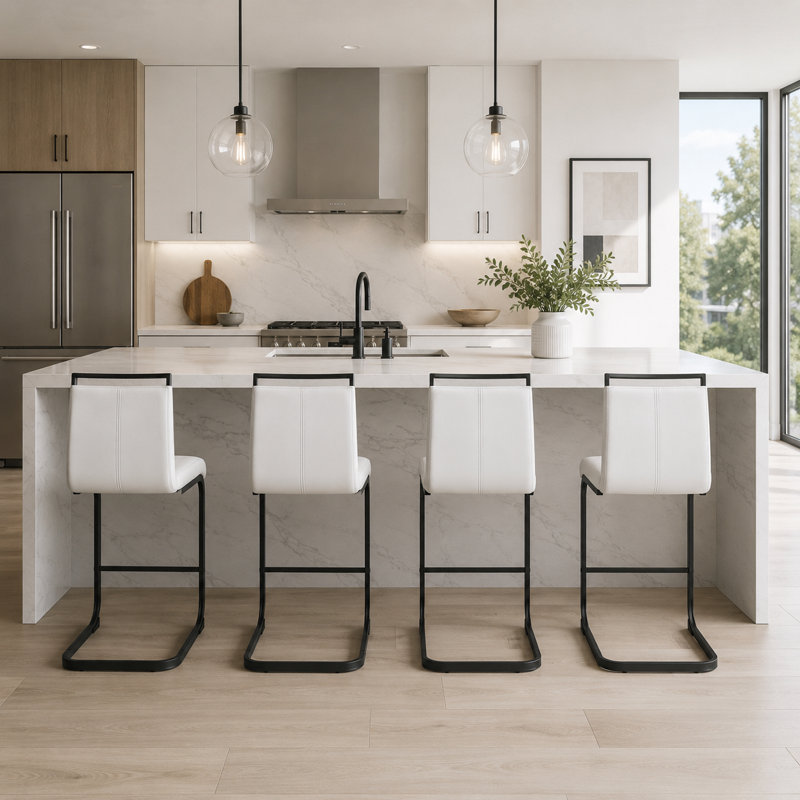 Tabourets de bar modernes en porte-à-faux rembourrés avec repose-pieds, Noir, Blanc
