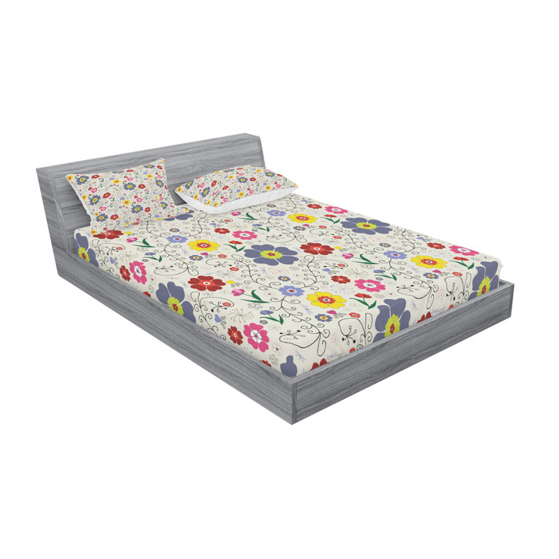 Microfiber Floral Sheet Set, Ivory/Red/Blue Floral, Queen Sheet Set + Fitted Sheet + 2 Pillowcases