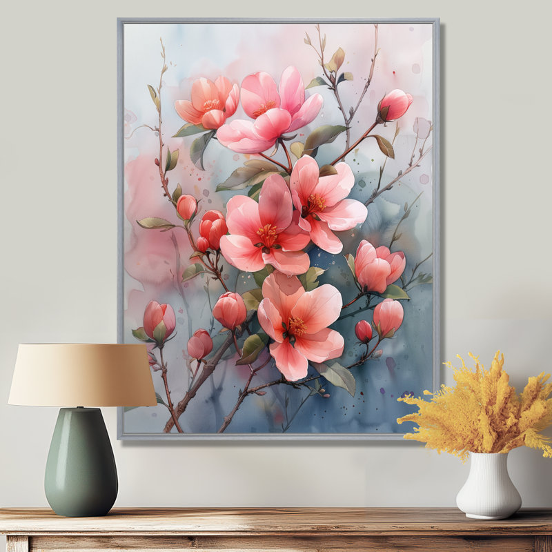  «Pink Grey Tender Bloom Apple Blossom I - Art mural fleur de pommier, Encadrement argenté, H 30 po x l 40 po