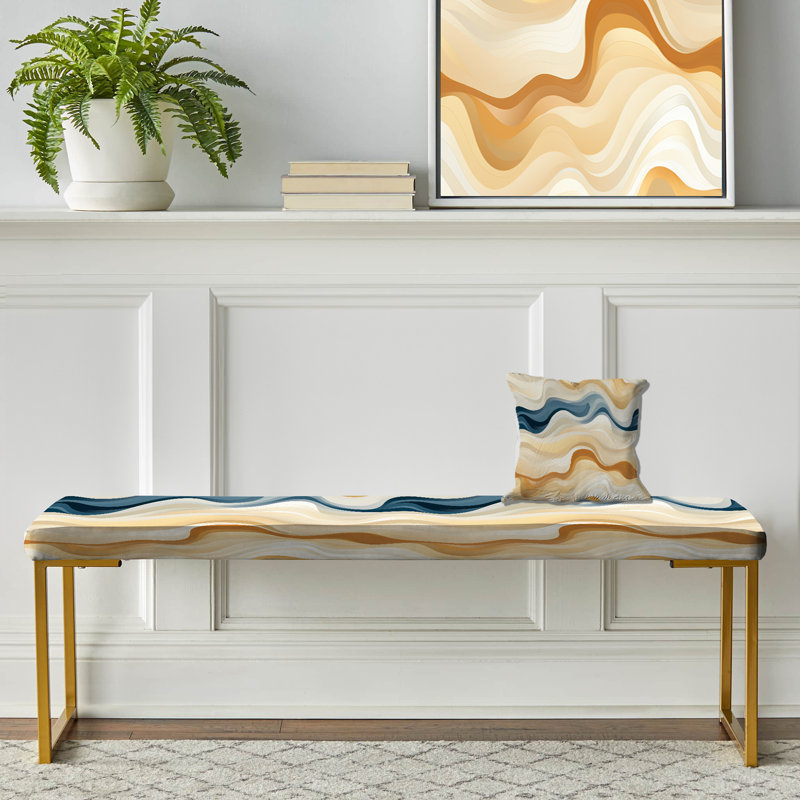 Coastal Harmony - Banc rembourré abstrait doré, Blue And Yellow Geometric Ripples Patterns