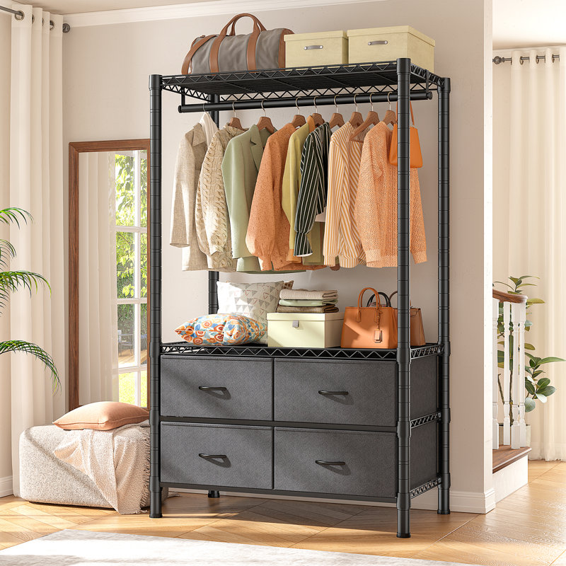 EnHomee Closet Racks with Drawers Closet Organizer for Hanging Clothes 71 "H x 35.8" W x 15.7 "D, Gray/Black