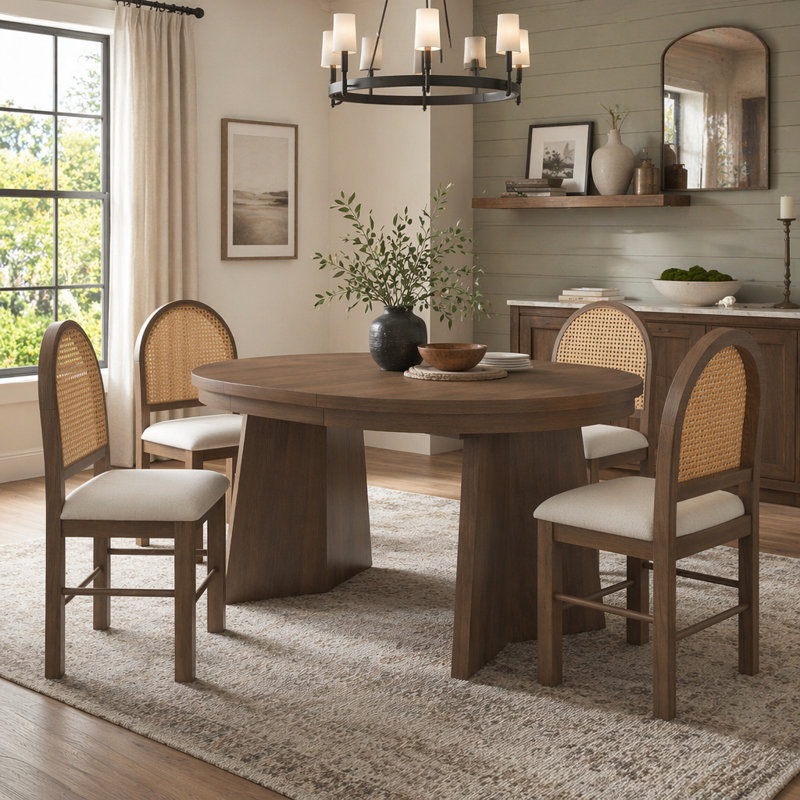 Ensemble de table de salle à manger 5 pièces pour 5 personnes, ensemble de table de salle à manger extensible rétro avec 4 chaises rembourrées, table de cuisine et chaises pour la salle à manger et la cuisine (noyer et beige)