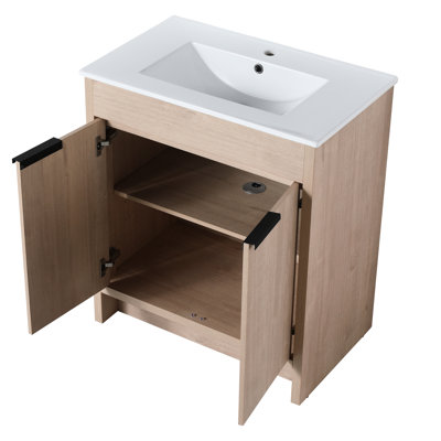 Armoire de salle de bain autoportante de 30 pouces avec lavabo en céramique blanche. 2 portes. Moderne. Chêne uni. Contreplaqué. Tablette réglable. Poignées en métal pour meuble-lavabo délicat, en pouces. Lavabo et unité luxueuse