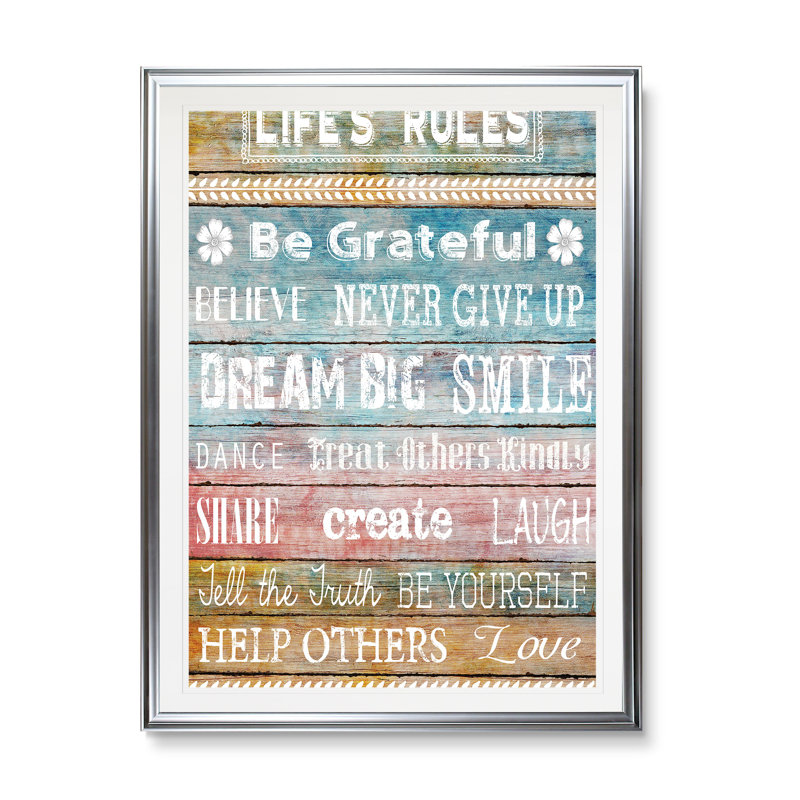 Life Rules - impression d'art textuel, H 45 po x l 30 po x P 1,5 po, Cadre argenté