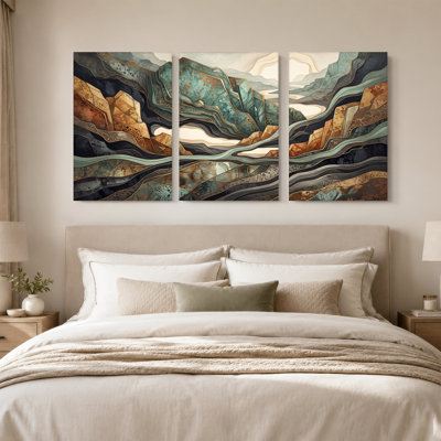 Ensemble de 3 toiles dorées bleu sarcelle et paysage de montagne brun
