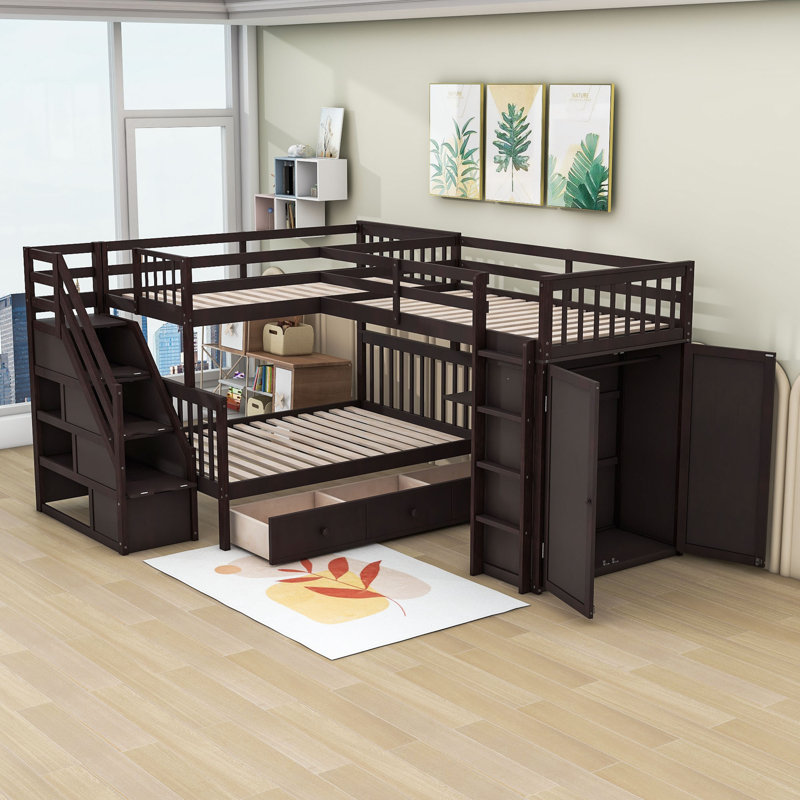Lit superposé simple au dessus d'un lit double avec tiroirs Jamill Kids, Espresso